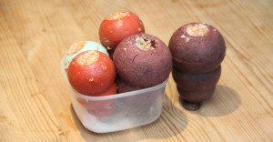 Kongs stuffed with soaked food and ready to be frozen
